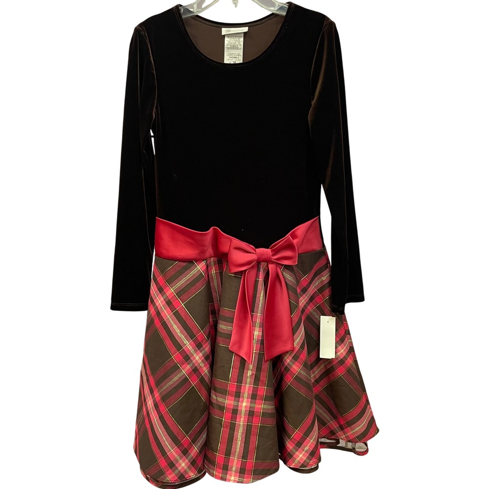 Bonnie Jean Girls Brown Plaid Velvet Long Sleeve Christmas Holiday Dress Size 14